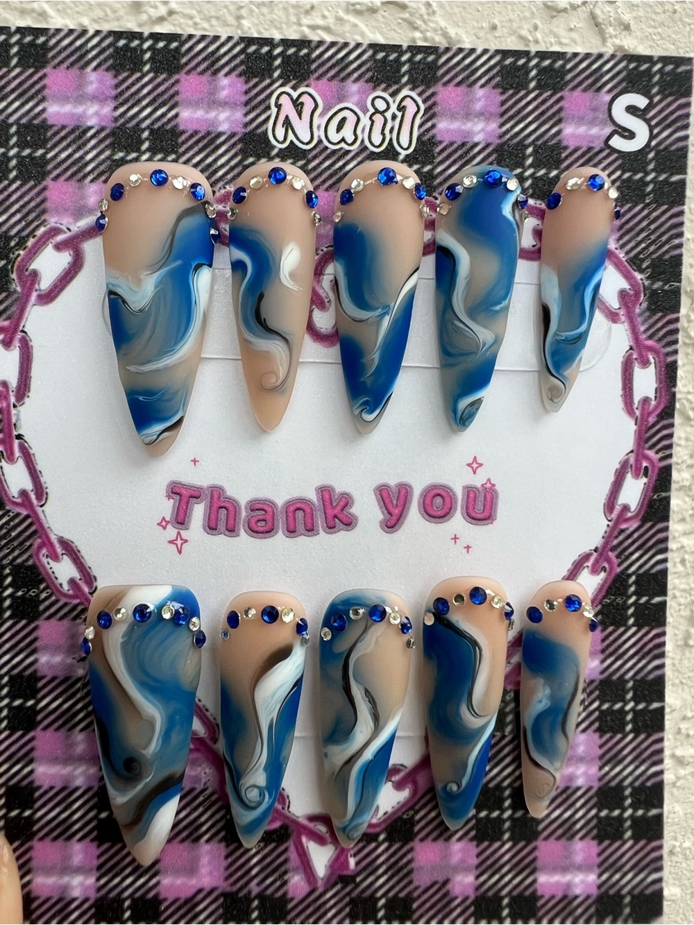 Long Stiletto Nails Blue Abstract Rhinestones Size Small Set of 10 Press Ons